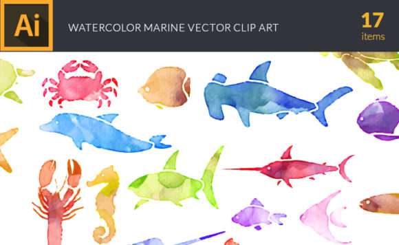 Watercolor Marine  Life Vector Set 1