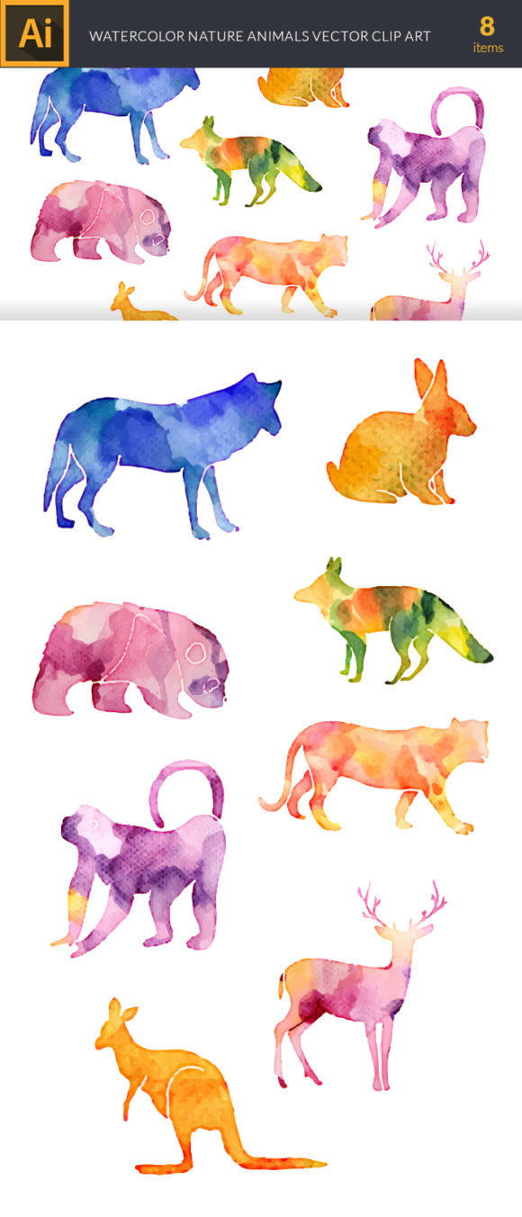 Watercolor Nature  Animals Vector Set 2