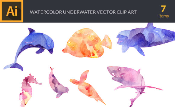 Watercolor Underwater Vector Set 1