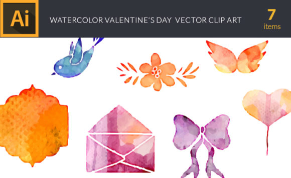 Watercolor Valentines  Day Vector Set 1