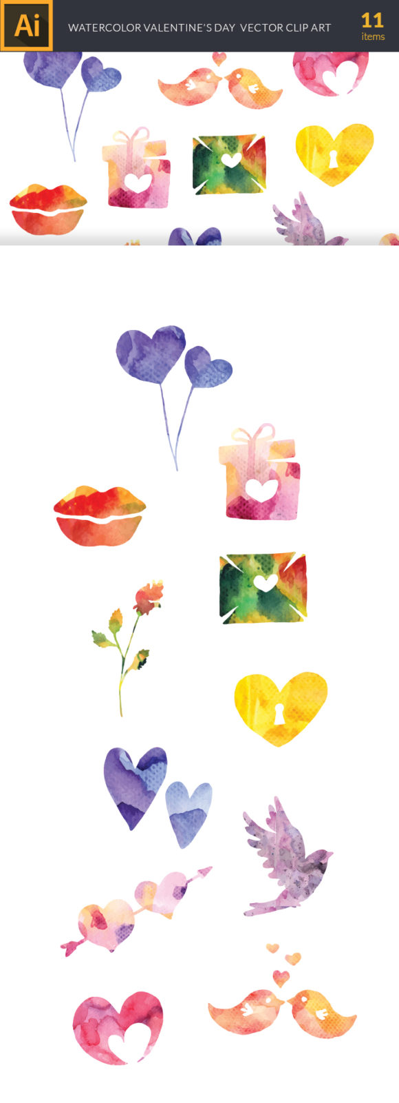 Watercolor Valentines Vector Set 2