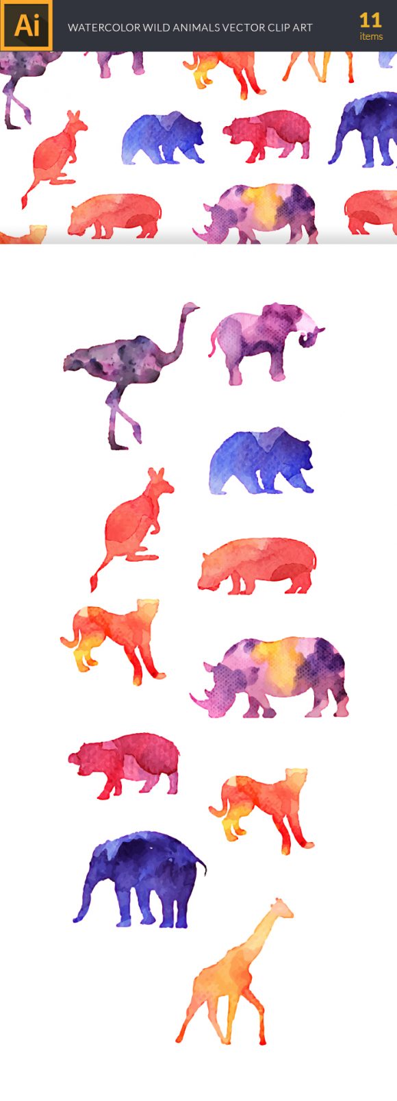 Watercolor Wild  Animals Vector Set 2