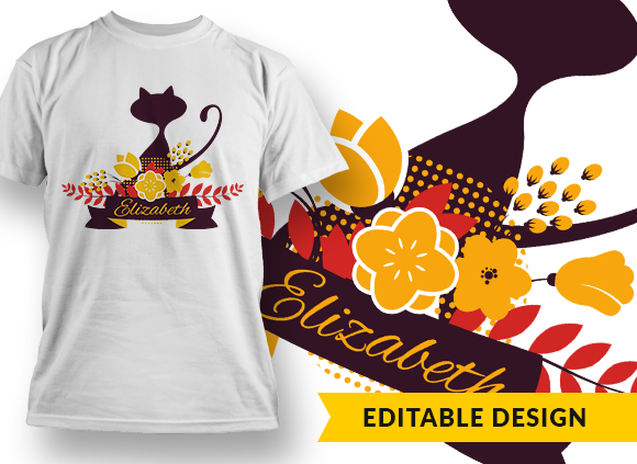 Cat with floral decorations and name placeholder T-shirt Design 1