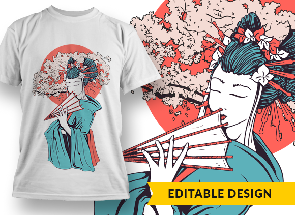 Geisha with a blossomed cherry tree T-shirt Design 1
