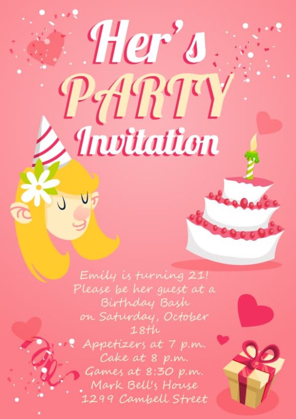 Bold Template Vector Image: Her Birthday Vector Image Invitation Template 1