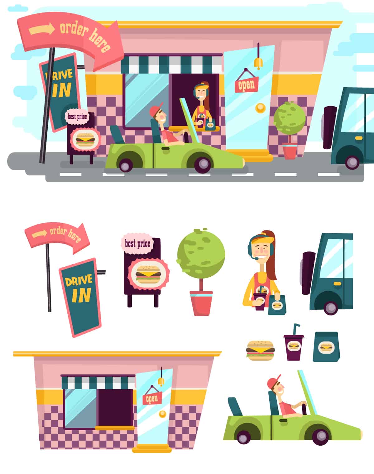 Drive-In Illustrated Flat Vector Set 1