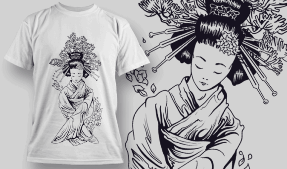 Geisha Hiding Two Tanto Under Sleeves | T-shirt Design Template 2575