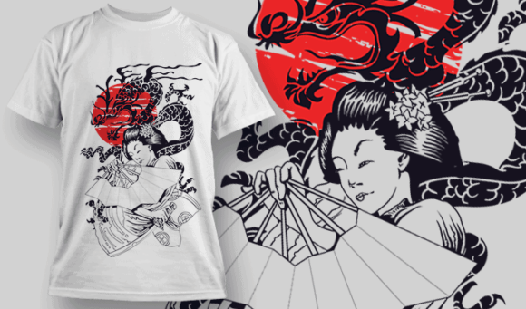 Geisha Holding A Fan Over A Tanto | T-shirt Design Template 2576