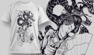 Geisha With Dragon | T-shirt Design Template 2579