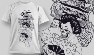 Geisha With Fan Over Pagoda | T-shirt Design Template 2580