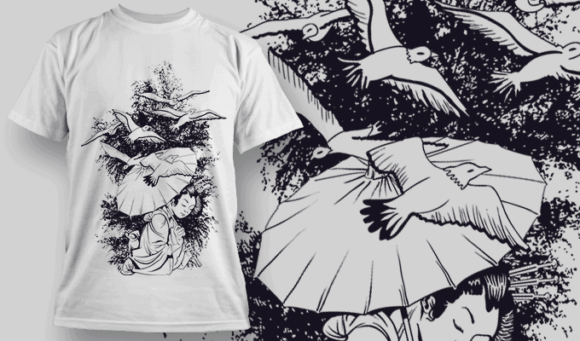 Geisha With Umbrella And Birds | T-shirt Design Template 2581