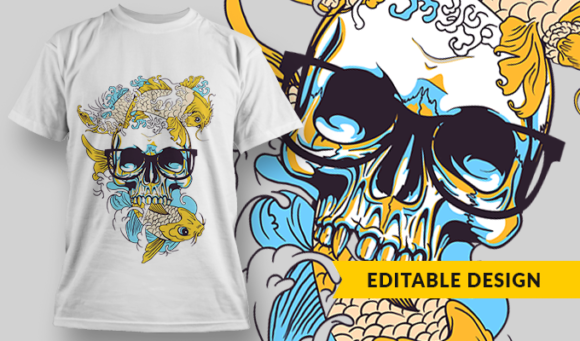 Skull With Koi Fish - T-shirt Design Template 2827 1
