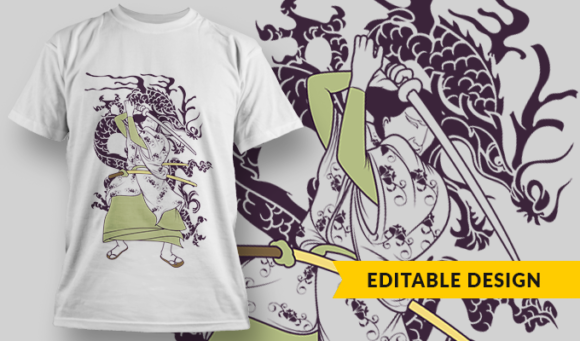 Samurai Dragon - T-Shirt Design Template 2953 1