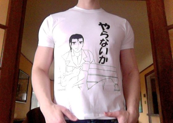 a man wearing a white anime shirt 