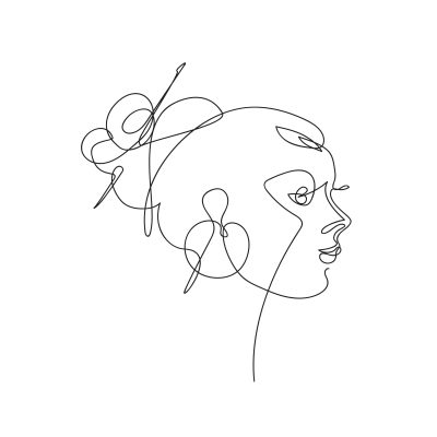 Female face drawn in one line. Continuous line. Girl with hair tied in a bun. Vector illustration in a minimalistic style. T-shirt design, logo illustration.