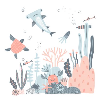underwater creatures in pastel colours 