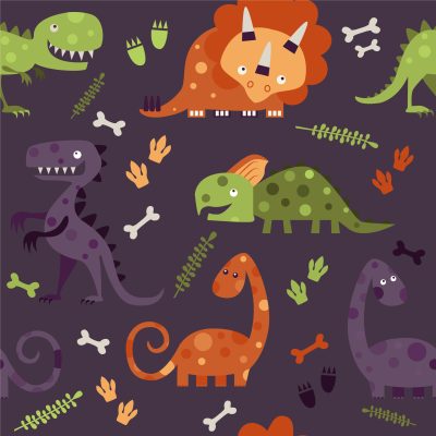 dinosaurs and bones and grass against a purple background 