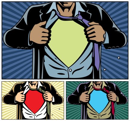 three squares of superheroes undershirts with different colors 