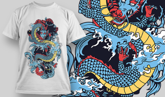 Dragon With Waves And Flowers | T Shirt Design Template 3800 1