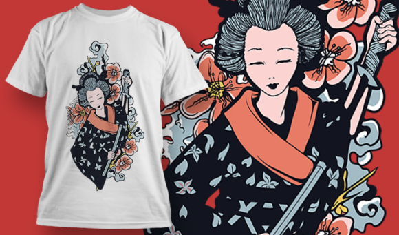 Geisha With Flowers And Smoke | T Shirt Design Template 3802 1