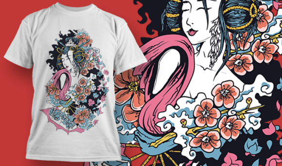 Geisha With Sakura Flowers And Smoke | T Shirt Design Template 3803 1