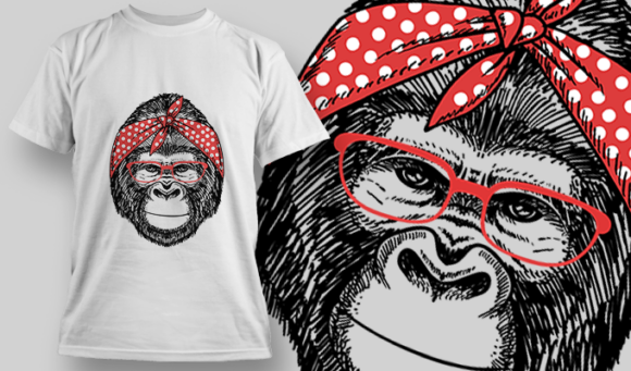 Gorilla With Polka Dots Head Scarf And Red Glasses | T Shirt Design Template 3877 1
