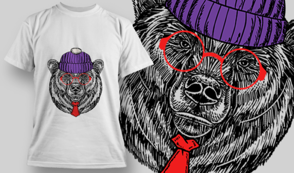 Bear With Beanie, Glasses and Tie | T Shirt Design Template 3864 1