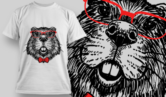 Beaver With Red Glasses And Bowtie | T Shirt Design Template 3865 1