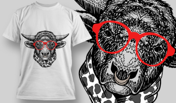 Bull With Spotted Scarf And Red Glasses | T Shirt Design Template 3867 1