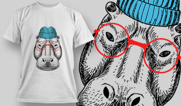 Hippo With Blue Beanie And Red Glasses | T Shirt Design Template 3879 1