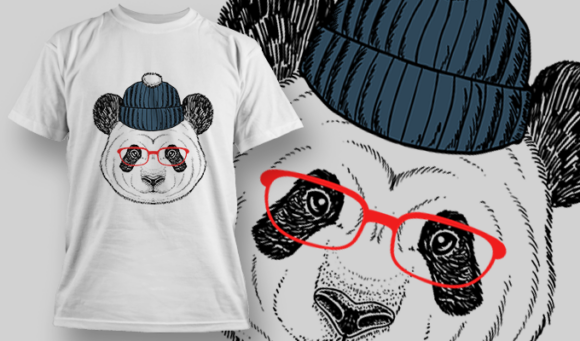 Panda With Blue Beanie And Red Glasses | T Shirt Design Template 3891 1