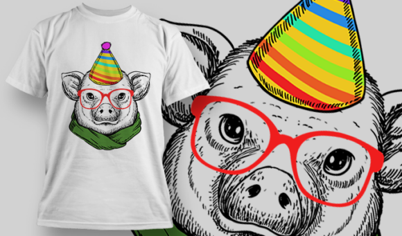 Pig With Rainbow Party Hat And Green Scarf | T Shirt Design Template 3895 1