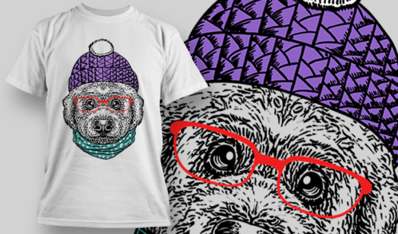 Poodle With Purple Beanie, Cyan Scarf And Red Glasses | T Shirt Design Template 3896 1