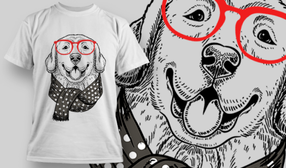 Golden Retriever With A Dark Gray Polka Dots Scarf And Red Glasses | T Shirt Design Template 3900 1