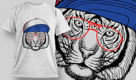 Tiger With Baseball Cap And Red Glasses | T Shirt Design Template 3906 1