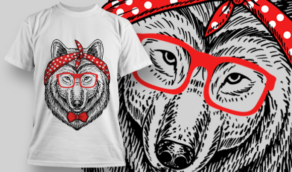 Wolf With Polka Dots Head Scarf, Red Bowtie and Red Glasses | T Shirt Design Template 3907 1