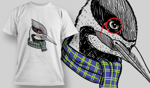 Woodpecker With Purple Plaid Scarf And Red Monocle | T Shirt Design Template 3909 1