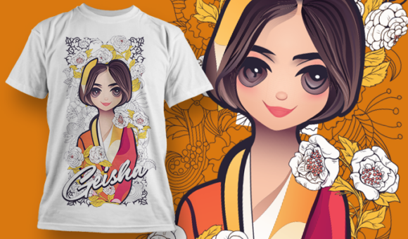 Geisha With Flowers | T-Shirt Design Template 4056 1
