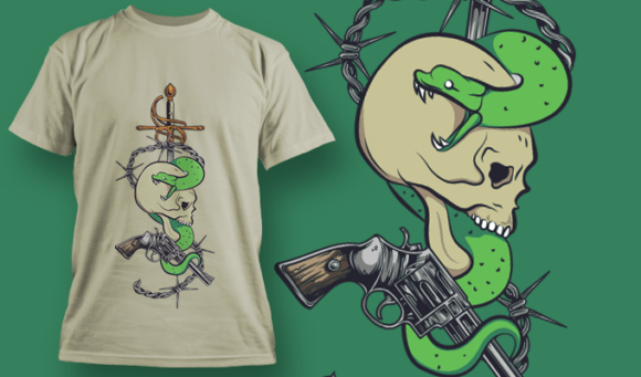 Snake Skull With Revolver, Rapier and Barbed Wire | T-Shirt Design Template 4114 1
