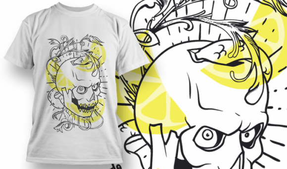 Line Art Of Skull With Flowers, Sun Rays And Lemons | T-Shirt Design Template 4137 1